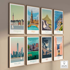 Colorful travel art prints featuring cities like Stockholm, Seville, and Paris, displayed in stylish frames.