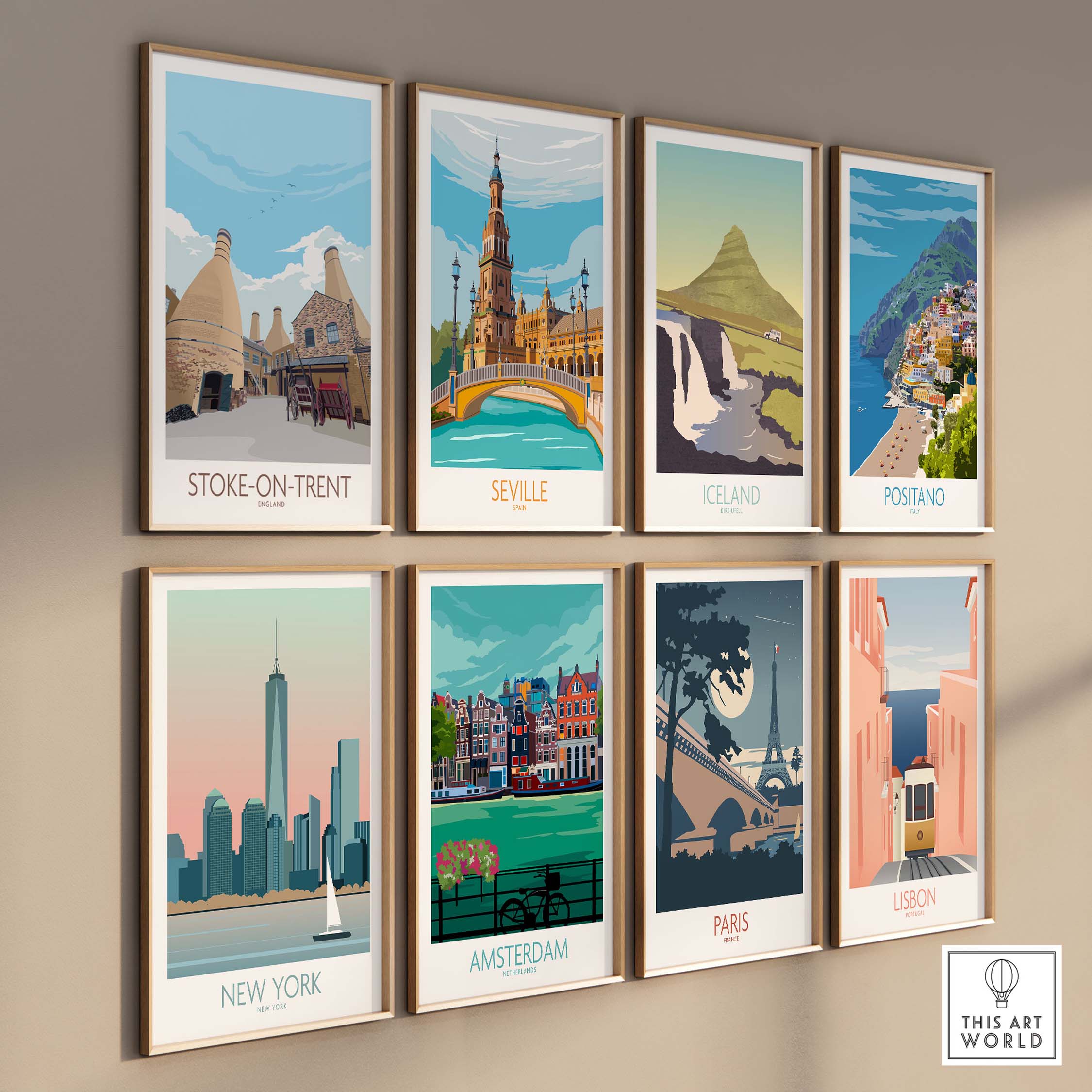 Stylish wall art featuring Stoke-on-Trent and various global destinations in vintage travel poster style.