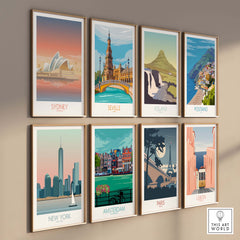 Framed vintage travel posters featuring Sydney, Seville, Iceland, and more, showcasing global wanderlust.