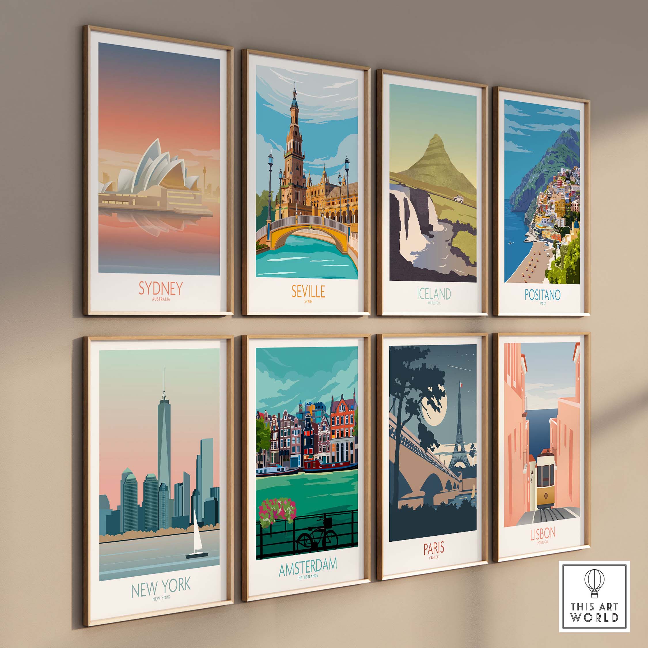 Framed vintage travel posters featuring Sydney, Seville, Iceland, and more, showcasing global wanderlust.