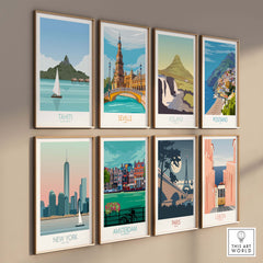 Gallery of vintage-style travel posters featuring Tahiti, New York, Seville, Iceland, Positano, Amsterdam, Paris, and Lisbon.