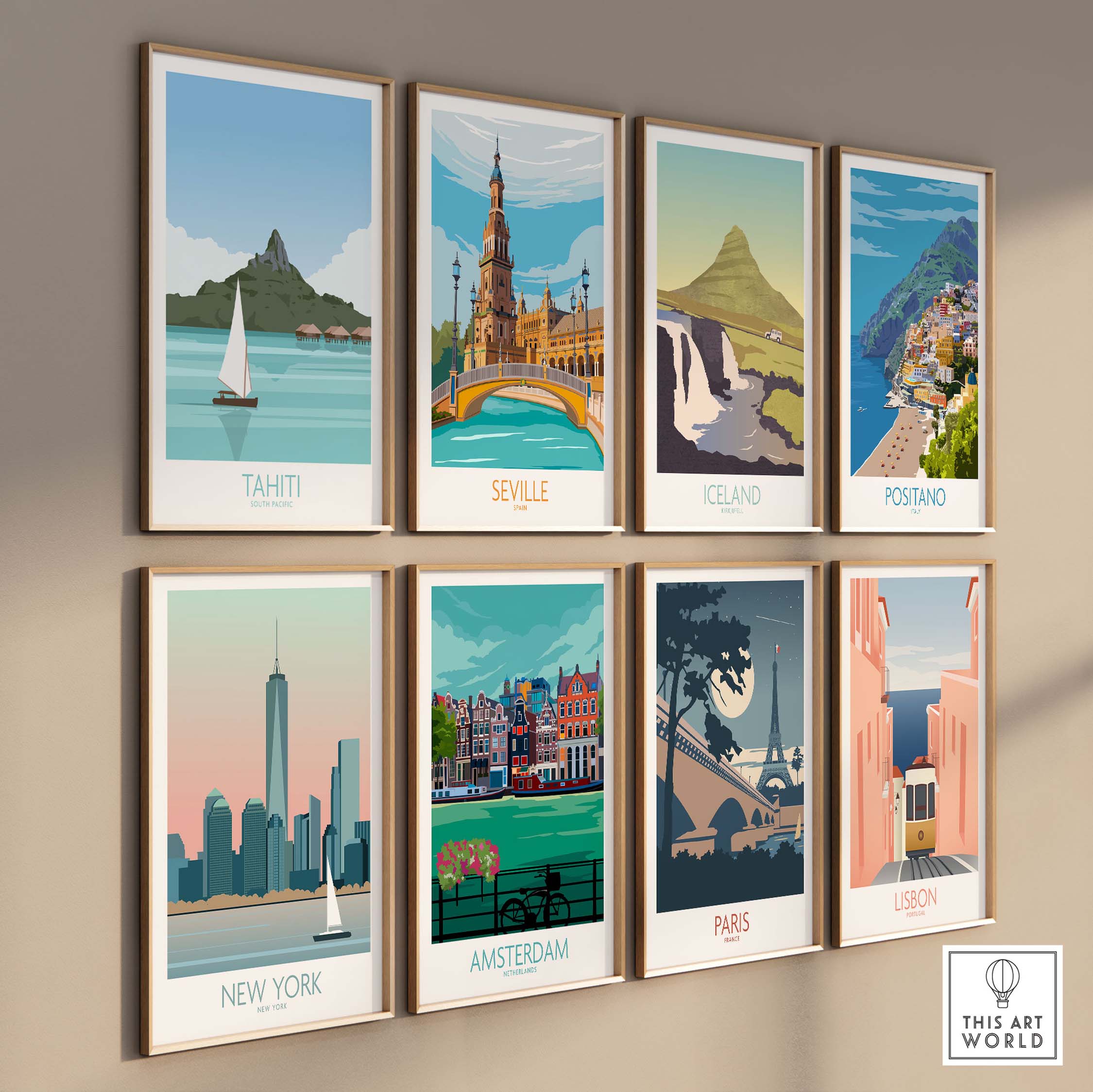 Gallery of vintage-style travel posters featuring Tahiti, New York, Seville, Iceland, Positano, Amsterdam, Paris, and Lisbon.