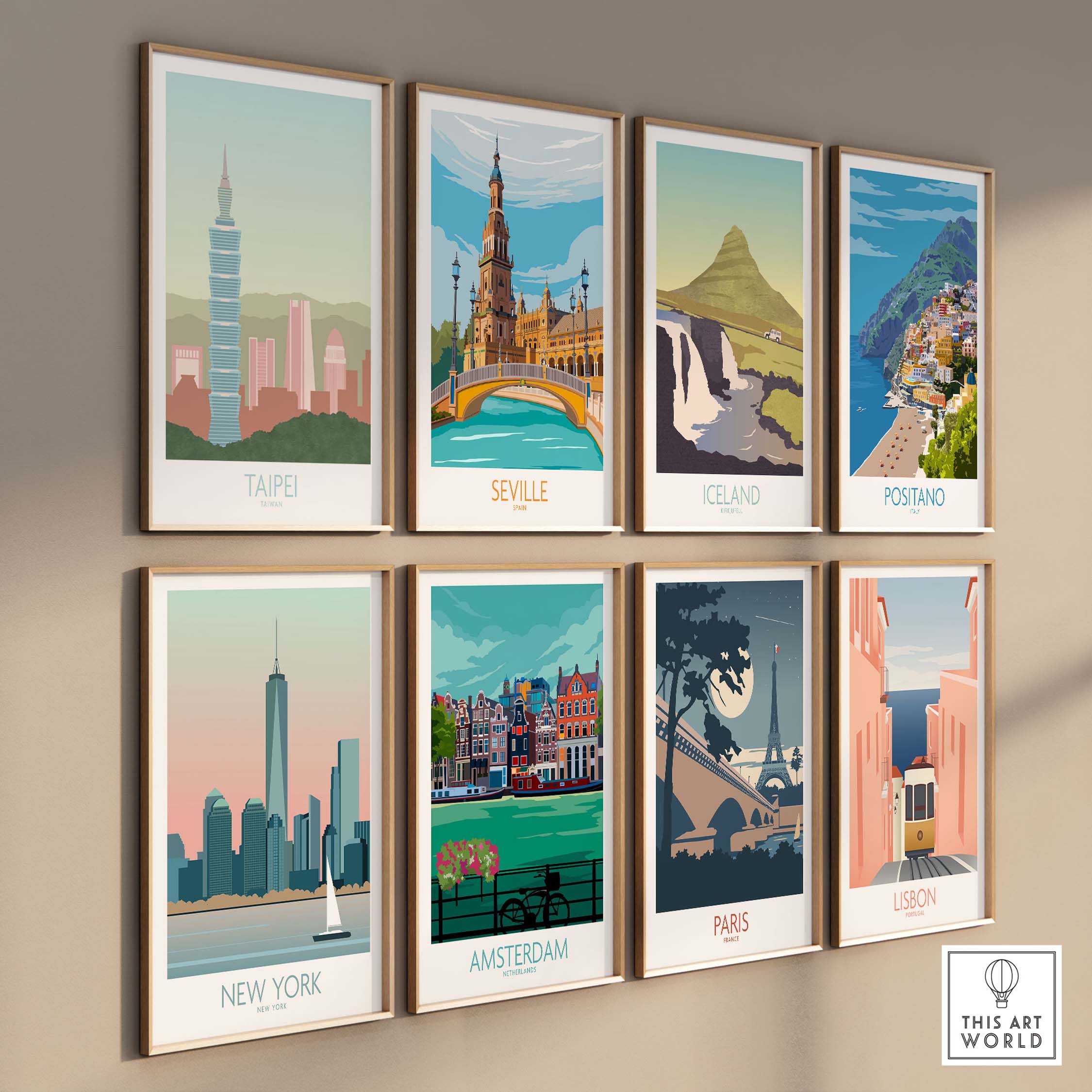 Gallery of vintage travel posters including Taipei, Seville, New York, Paris, and more for stylish wall art.