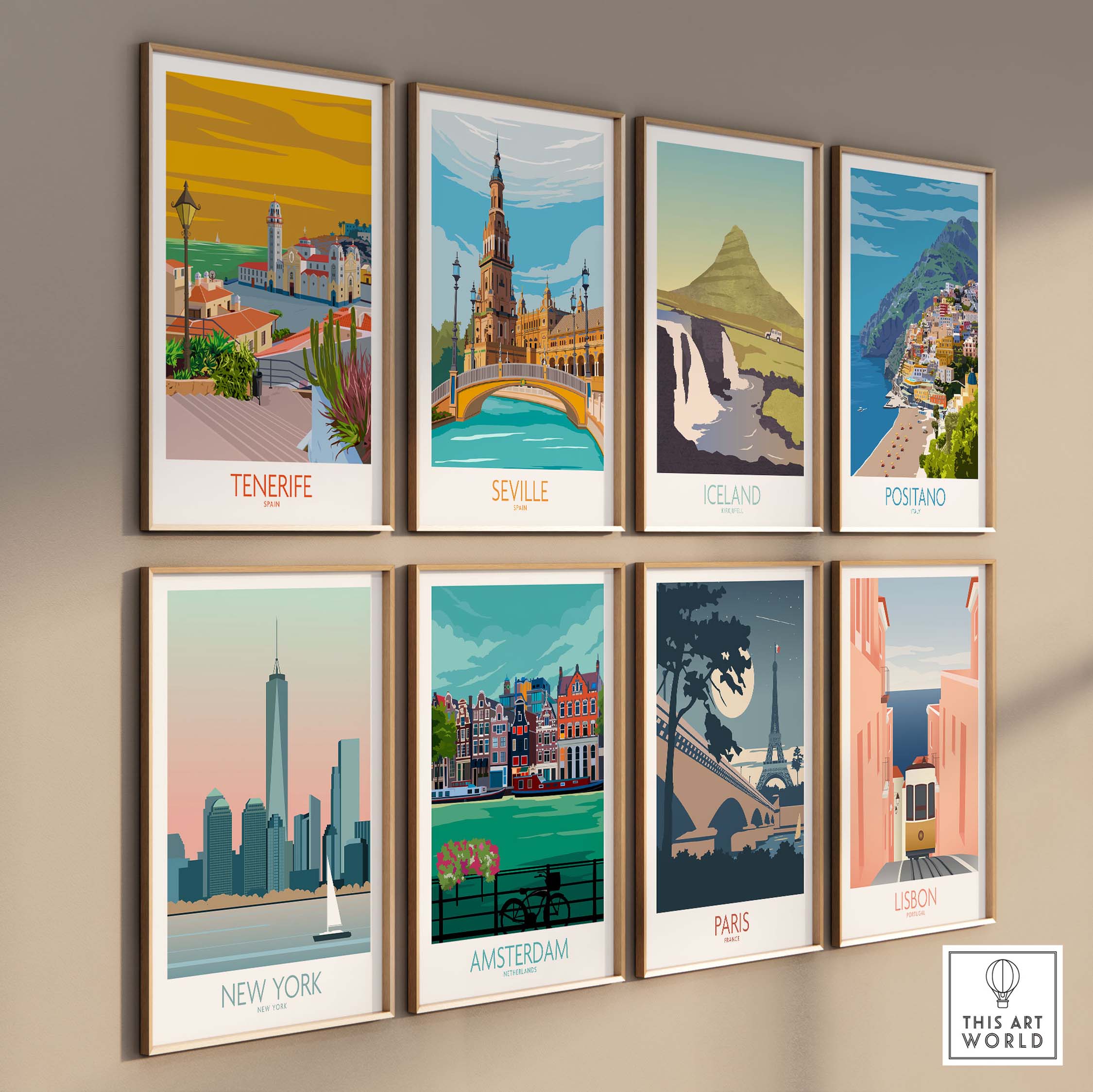Collection of vintage travel posters including Tenerife, Seville, Iceland, and more, displayed on a stylish wall.