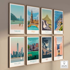 Collection of vibrant travel posters featuring Thailand, Seville, Iceland, Positano, New York, Amsterdam, Paris, and Lisbon.
