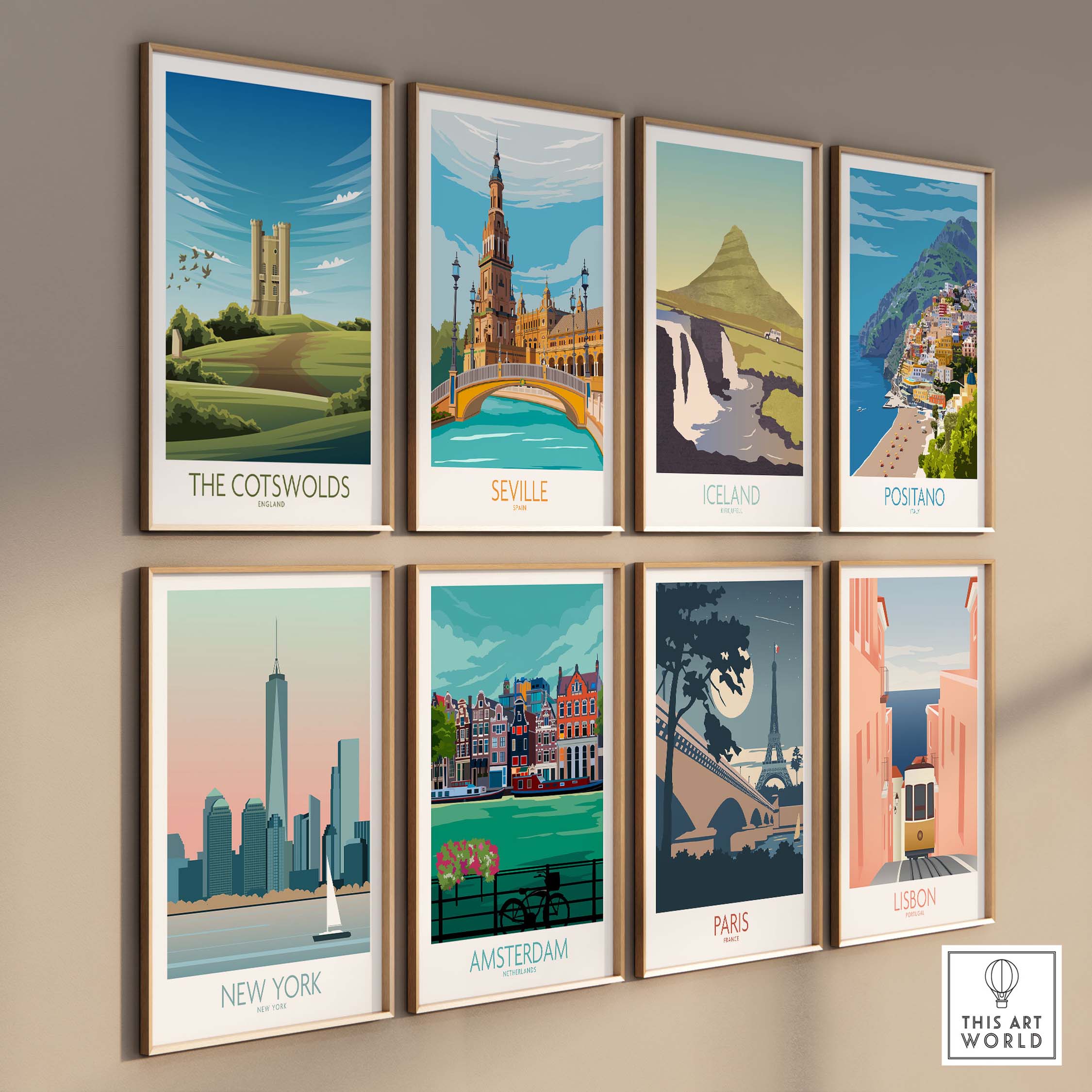 Vintage travel poster prints including The Cotswolds, Seville, and New York displayed on a wall.