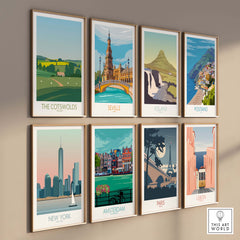 A collection of vintage travel posters featuring The Cotswolds, Seville, Iceland, Positano, New York, Amsterdam, Paris, and Lisbon.