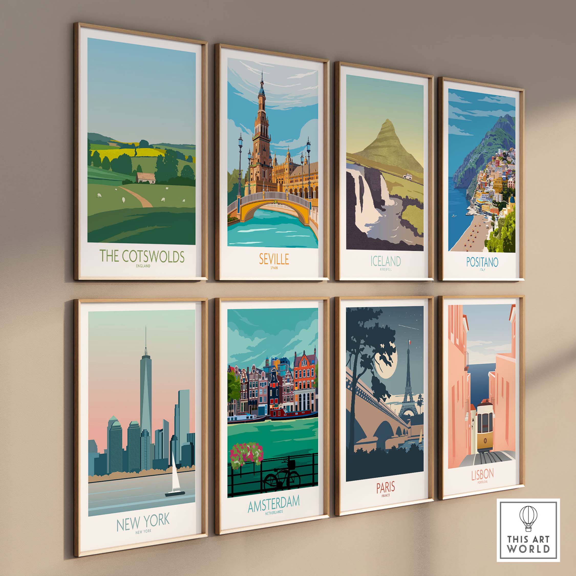 A collection of vintage travel posters featuring The Cotswolds, Seville, Iceland, Positano, New York, Amsterdam, Paris, and Lisbon.