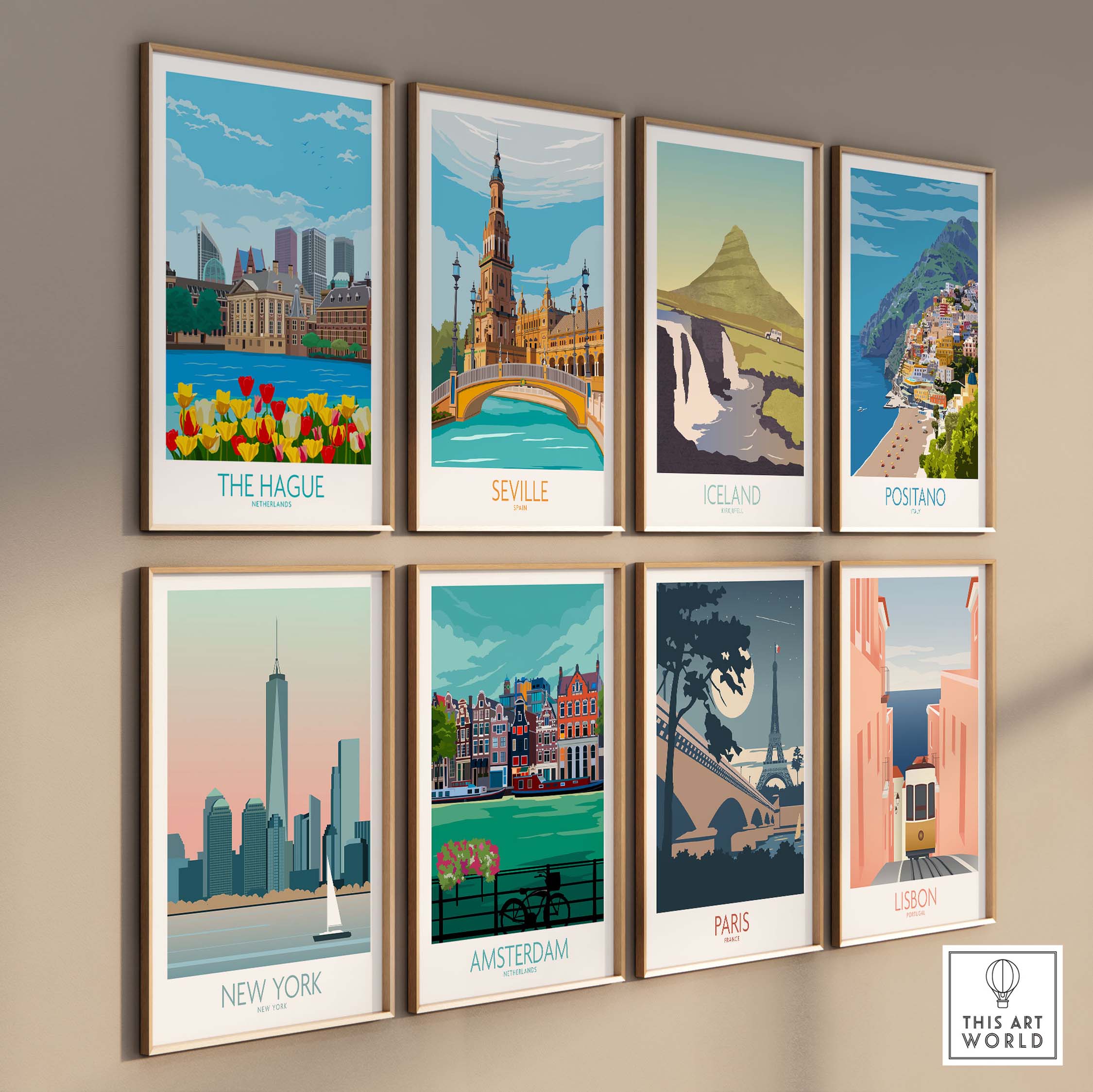 Colorful travel posters on a wall featuring The Hague, Seville, Iceland, Positano, New York, Amsterdam, Paris, and Lisbon.