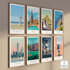 Vintage travel poster wall art collection featuring The Hamptons, New York, and various international destinations.