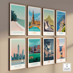 Colorful travel posters featuring destinations like The Philippines, New York, and Paris on a stylish wall display.