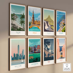 Collection of vintage travel posters featuring Tulum, Seville, Iceland, Positano, New York, Amsterdam, Paris, and Lisbon.