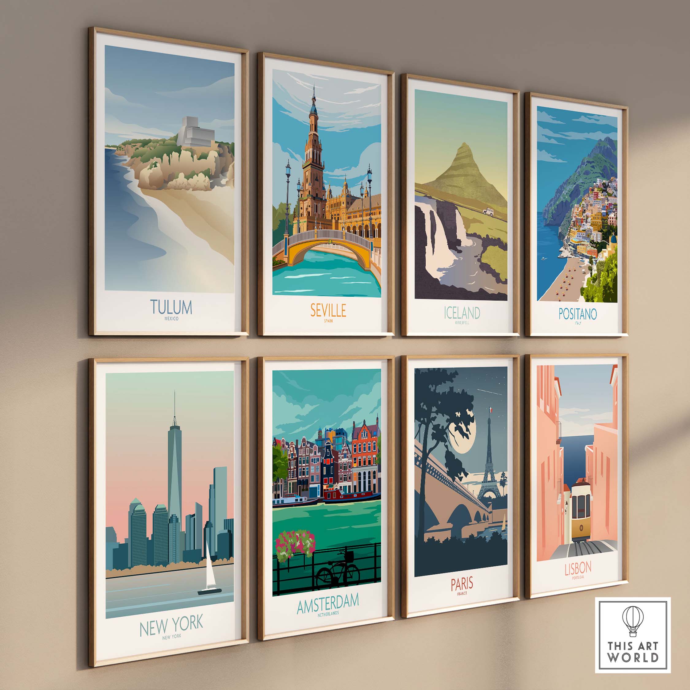 Collection of vintage travel wall art prints featuring Tulum, Seville, Iceland, Positano and more.