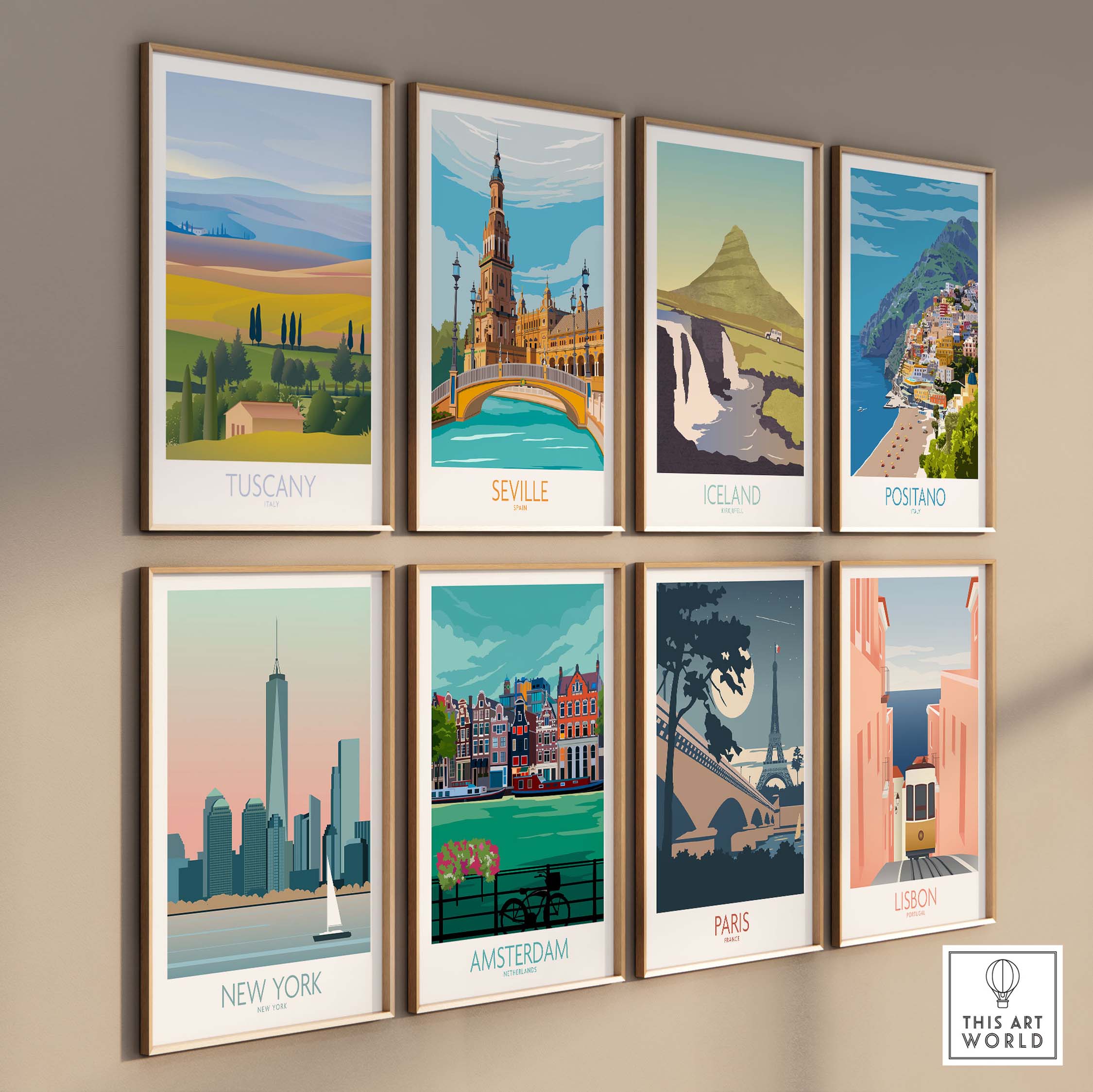 Collection of vintage-inspired travel art prints, featuring Tuscany, Seville, Iceland, and more, displayed on a stylish wall.