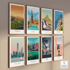 Collection of travel art prints featuring Tuscany, Seville, Iceland, Positano, New York, Amsterdam, Paris, and Lisbon.