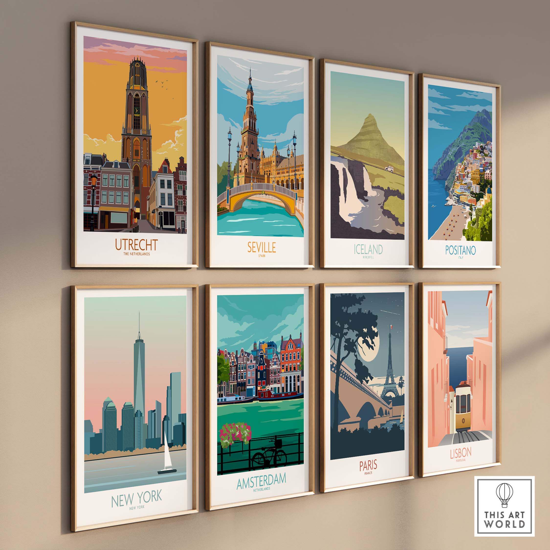 Collection of vintage travel poster prints including Amsterdam, New York, and Paris, displayed in stylish frames.