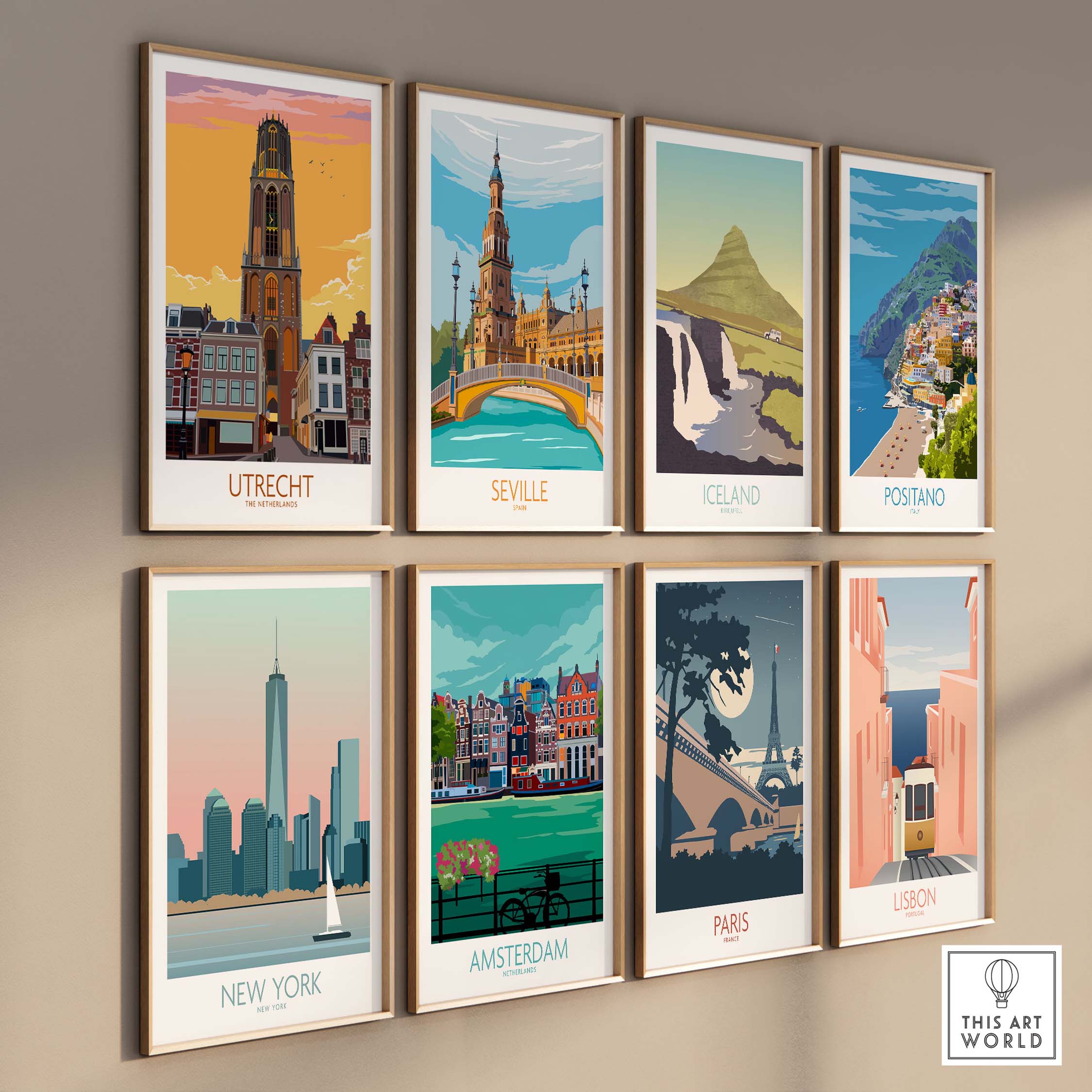 Gallery of vintage travel posters featuring Utrecht, Seville, Iceland, Postiano, New York, Amsterdam, Paris, and Lisbon.