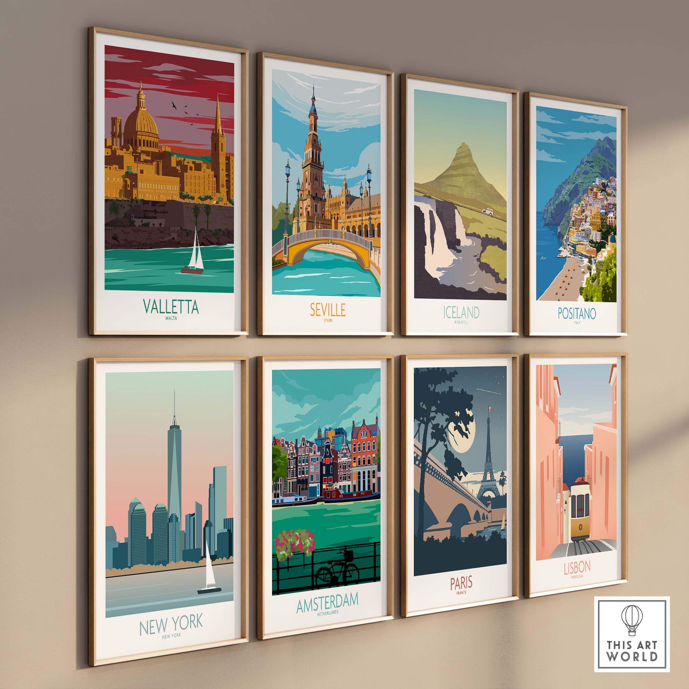 Gallery of vintage travel posters featuring Valletta, Seville, Iceland, Positano, New York, Amsterdam, Paris, and Lisbon.