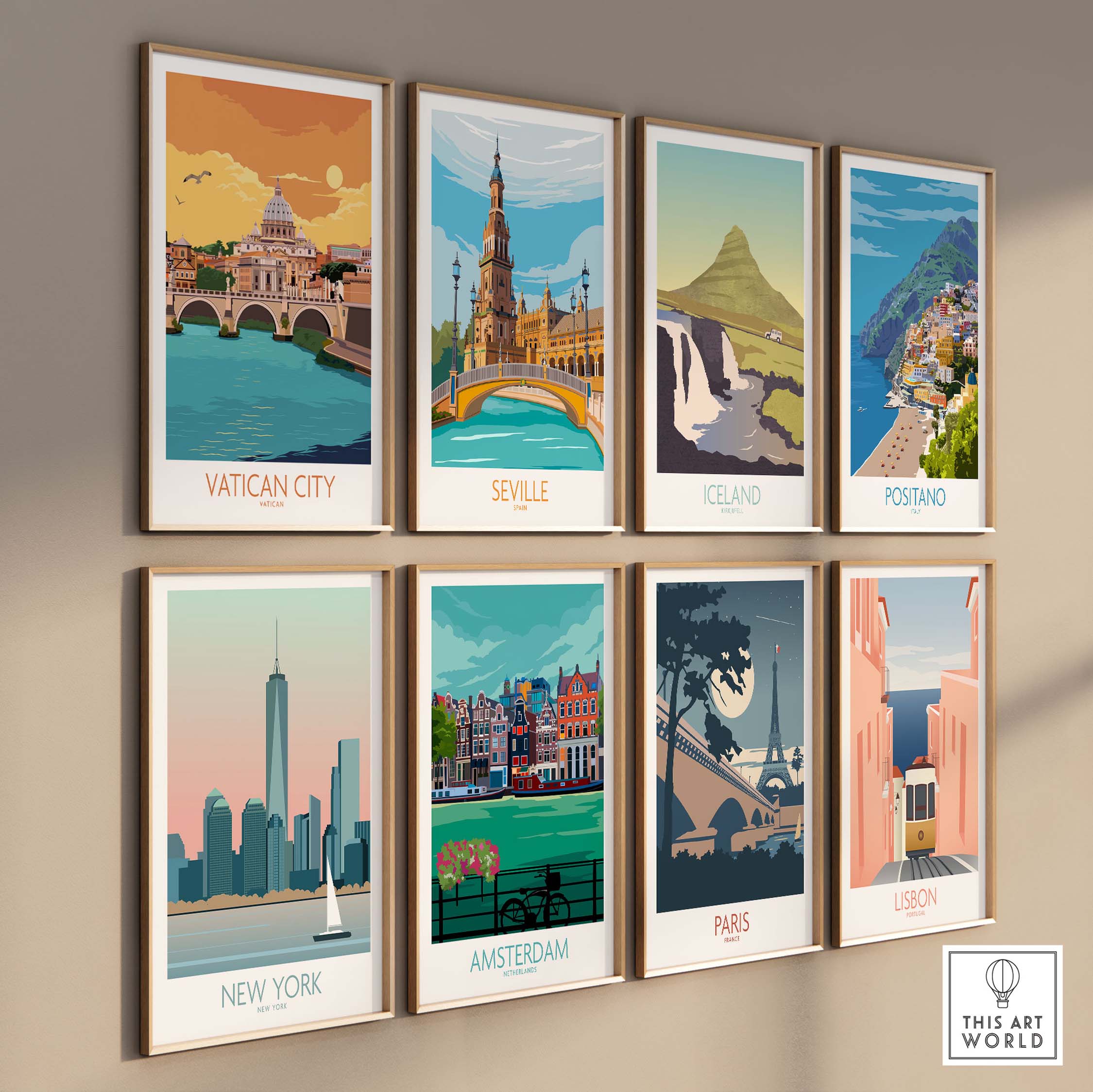 Gallery featuring vintage-style travel posters including Vatican City, Seville, Iceland, and more.