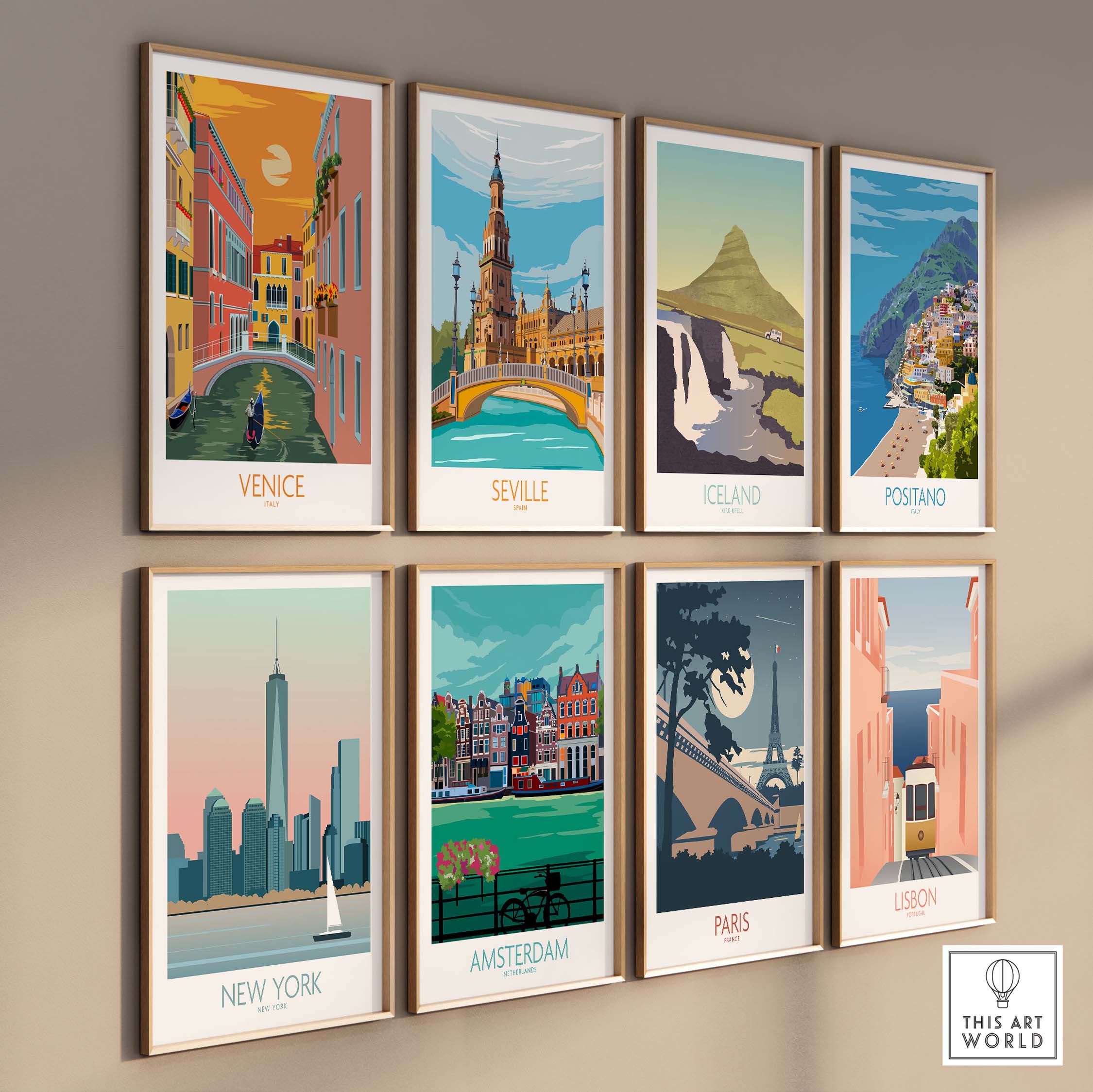 A stylish display of vintage travel art prints featuring Venice, Seville, Iceland, Positano, New York, Amsterdam, Paris, and Lisbon.