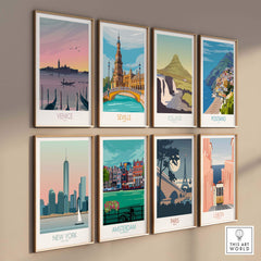 Collection of vintage travel posters including Venice, Seville, Iceland, Positano, New York, Amsterdam, Paris, and Lisbon.