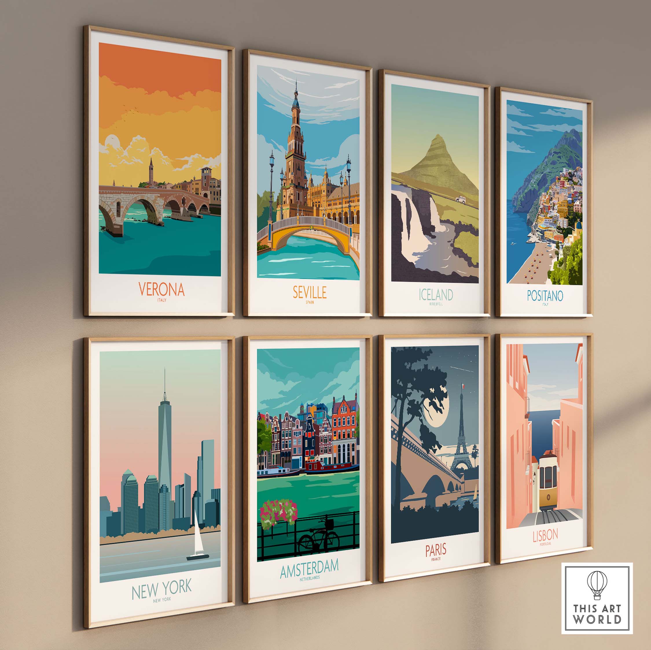 Stylish travel art featuring Verona, Seville, Iceland, Positano, New York, Amsterdam, Paris, and Lisbon posters.