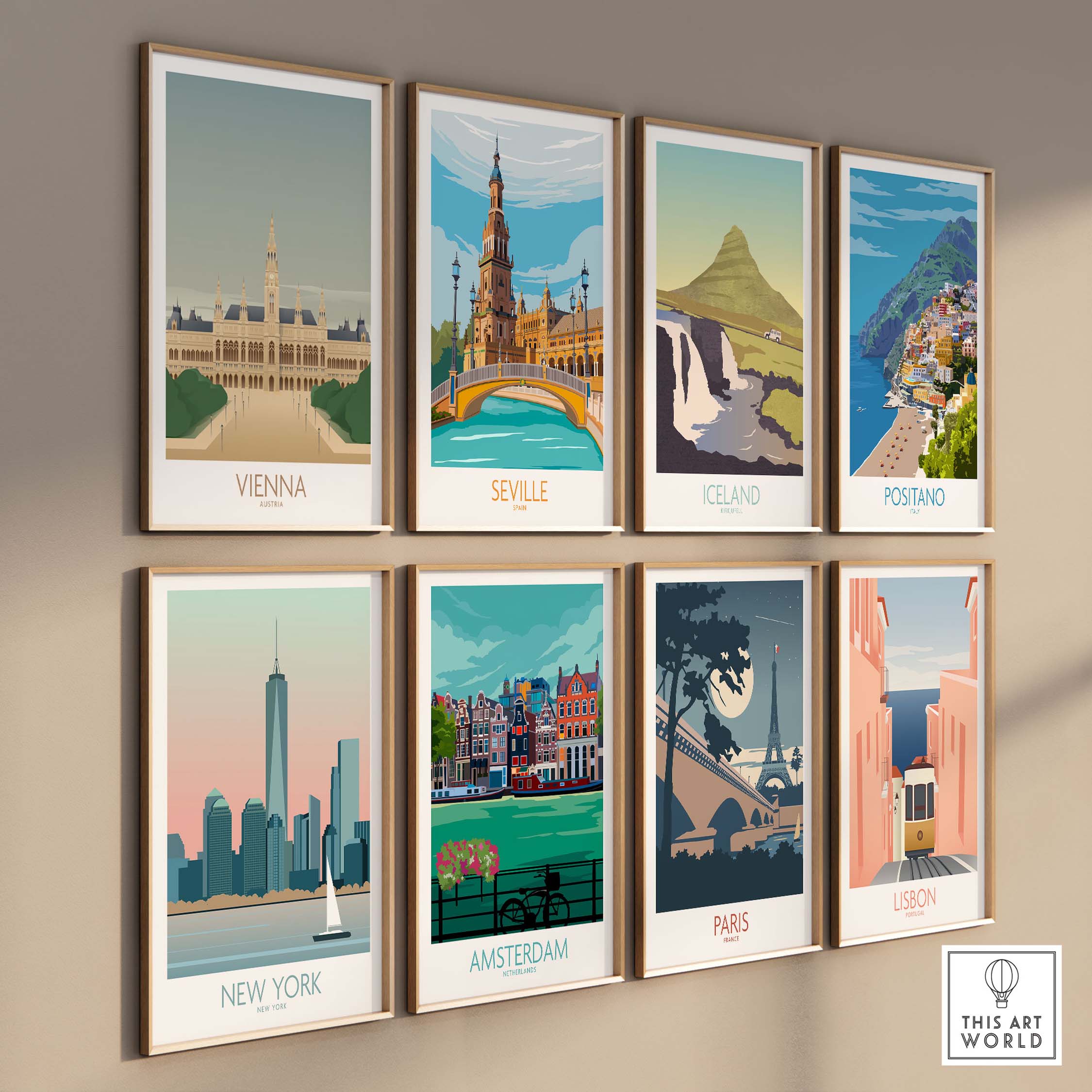 Collection of vintage travel wall art prints featuring Vienna, Seville, Iceland, Positano, New York, Amsterdam, Paris, and Lisbon.