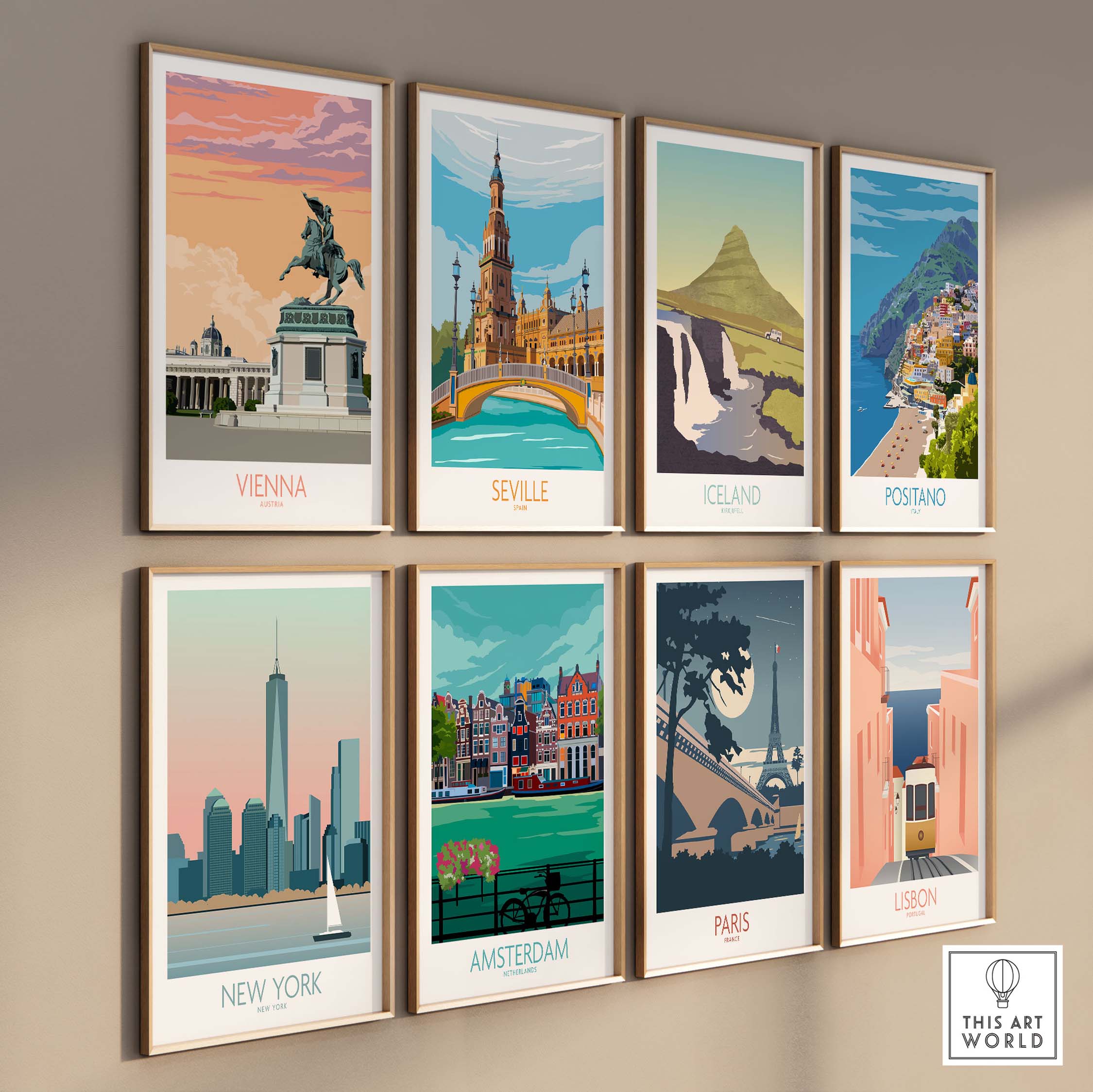 Collection of vintage travel posters featuring Vienna, Seville, Iceland, Positano, New York, Amsterdam, Paris, and Lisbon.