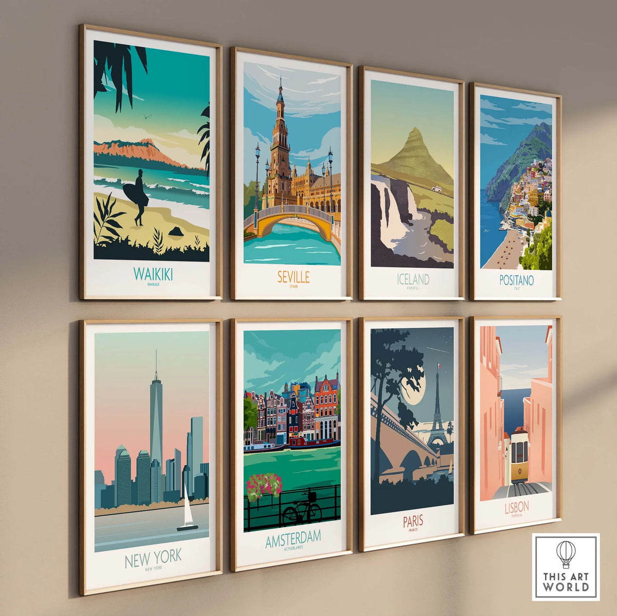 Collage of vintage-style travel posters including Waikiki, Seville, Iceland, and more for home decor.