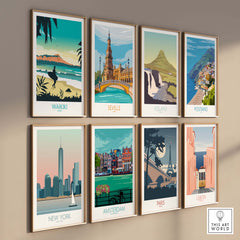 Collage of vintage-style travel posters including Waikiki, Seville, Iceland, and more for home decor.