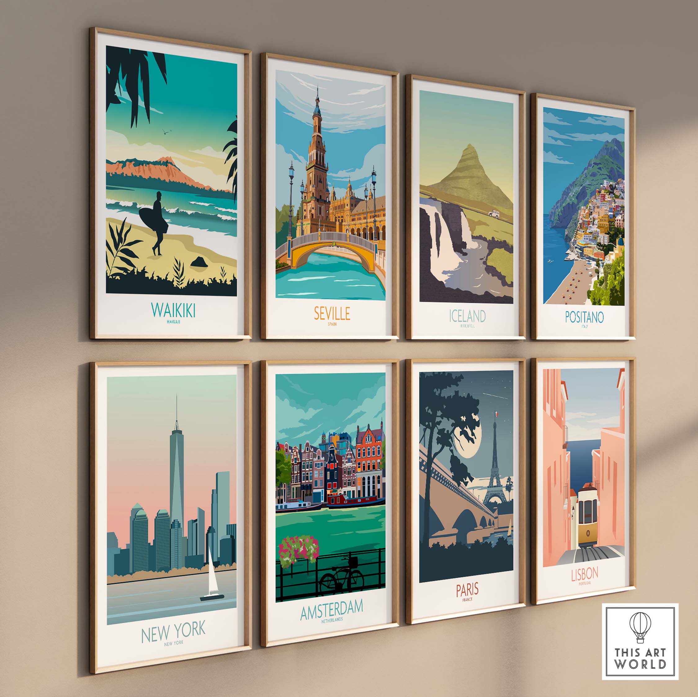 Collage of vintage-style travel posters including Waikiki, Seville, Iceland, and more for home decor.