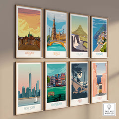 Collection of vintage travel posters featuring cities: Warsaw, Seville, Iceland, and more, beautifully framed.