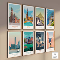 Stylish travel posters of Wroclaw, Seville, Iceland, Positano, New York, Amsterdam, Paris, and Lisbon displayed together.