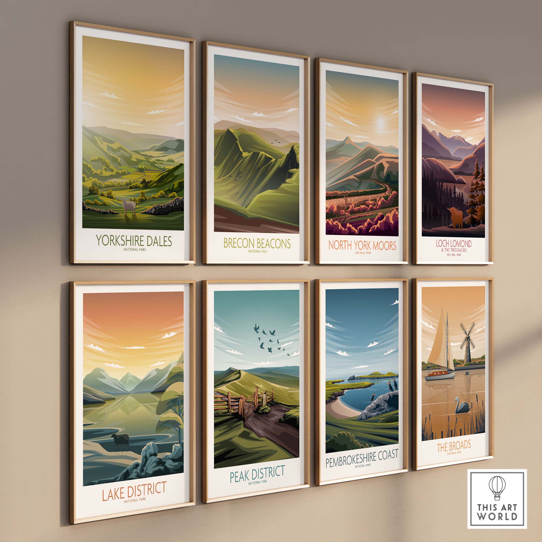 Gallery of UK National Park art prints featuring Yorkshire Dales, Brecon Beacons, and more in a modern minimalist style.