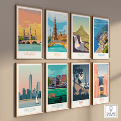 Collection of travel posters including Zaragoza, Seville, Iceland, Positano, New York, Amsterdam, Paris, and Lisbon.