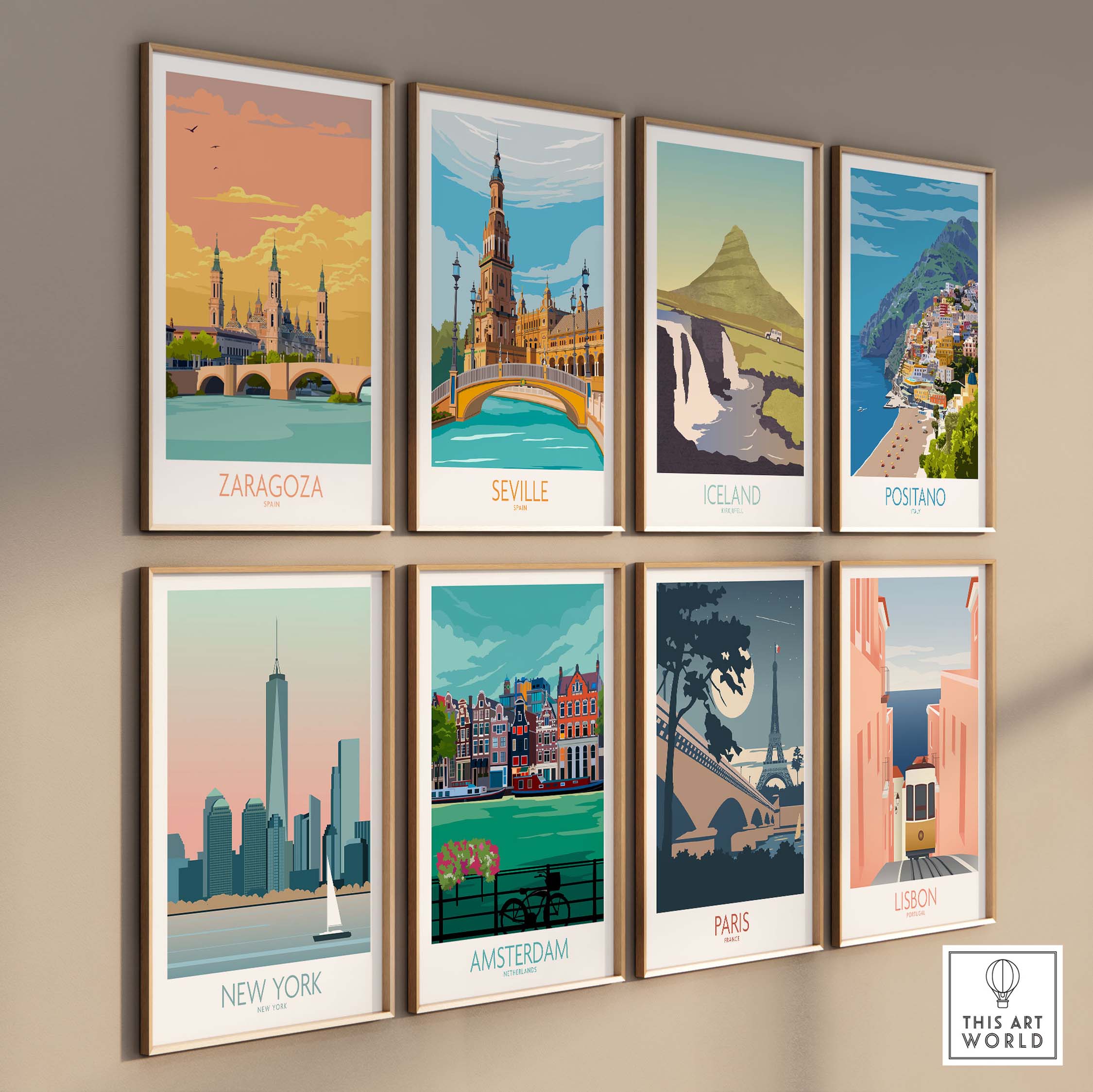 Collection of travel posters including Zaragoza, Seville, Iceland, Positano, New York, Amsterdam, Paris, and Lisbon.
