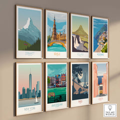 Collection of travel posters featuring Zermatt, Seville, Iceland, and more, showcasing vintage-inspired wall art.