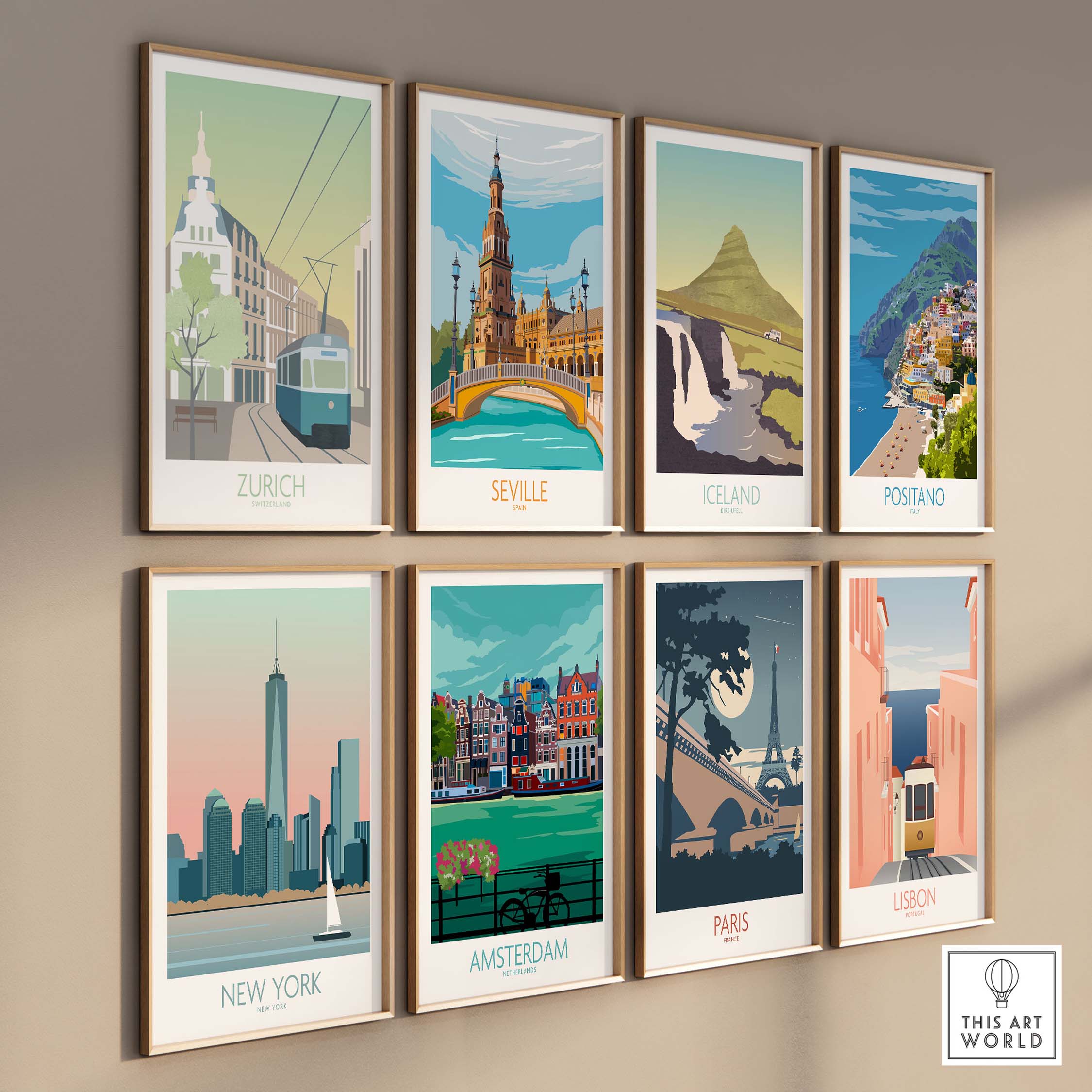 Collection of vintage travel posters featuring Zurich, Seville, Iceland, Positano, New York, Amsterdam, Paris, and Lisbon.
