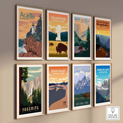 Collection of vintage National Park posters including Acadia, Yellowstone, and Yosemite showcasing outdoor adventure.