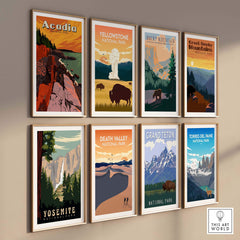 Collection of framed National Park prints, including Acadia, showcasing vintage travel poster style.