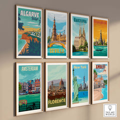 Colorful vintage travel posters featuring Algarve, Seville, Barcelona, and other iconic destinations.