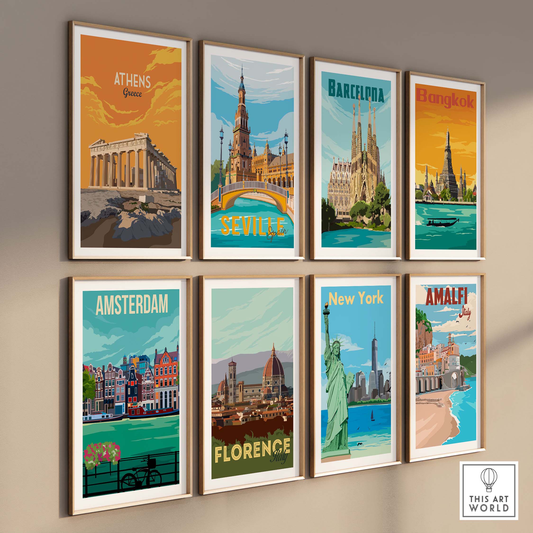 Collage of vintage travel posters featuring Athens, Barcelona, Bangkok, Seville, Amsterdam, Florence, New York, and Amalfi.
