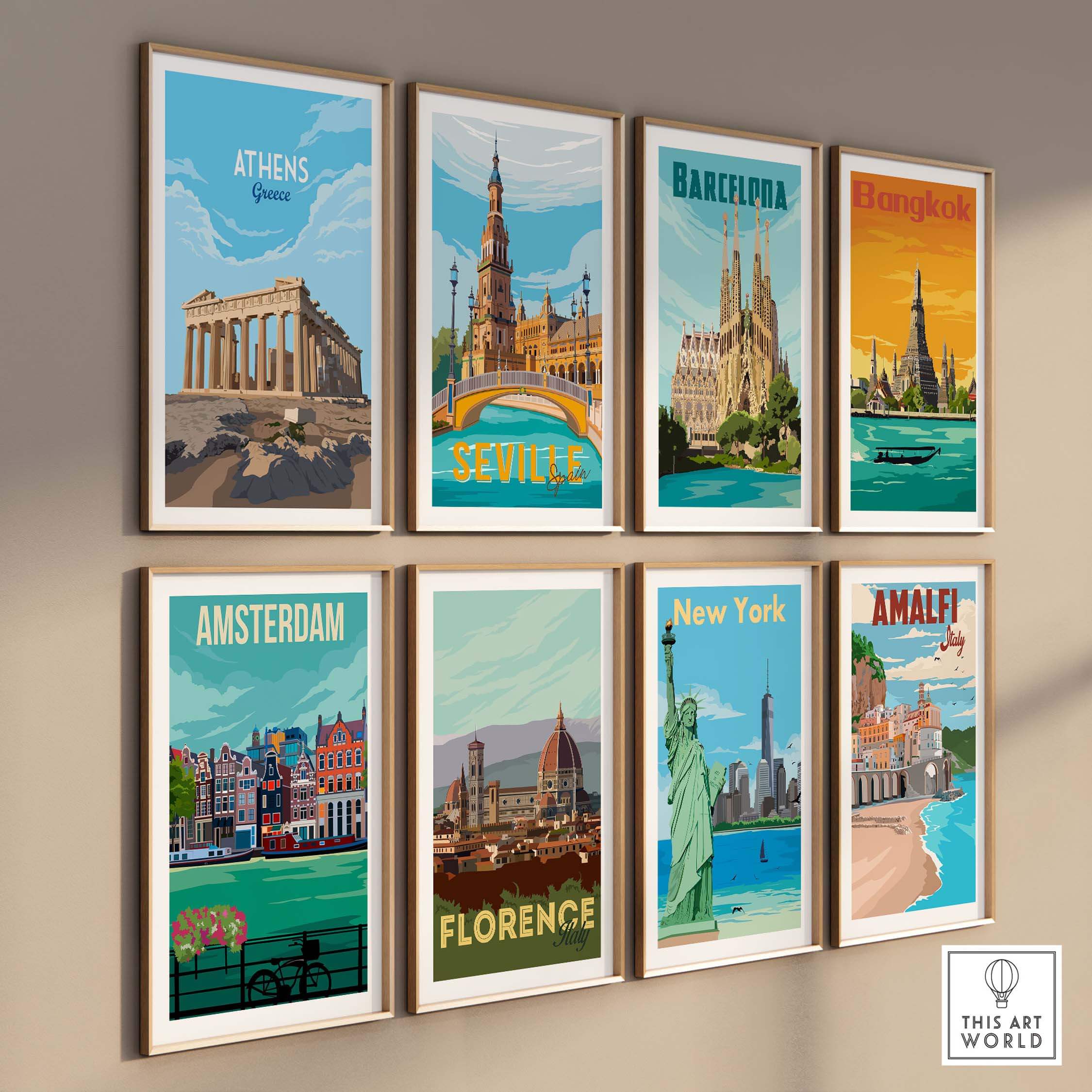 Collection of vintage travel posters featuring Amsterdam, Athens, Barcelona, and more, framed for stylish wall decor.