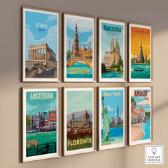 Athens Greece art print featuring vintage style posters of iconic cities including Amsterdam, Barcelona, and New York.