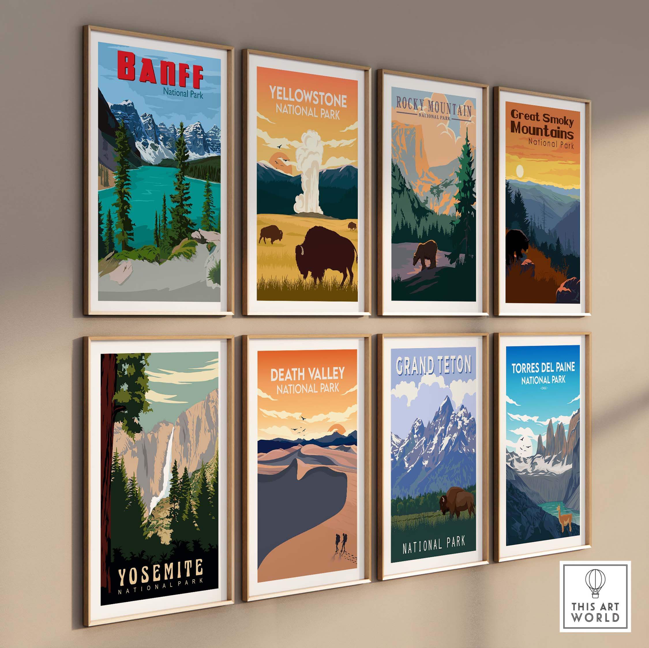 Collection of vintage-style National Park posters featuring Banff, Yellowstone, Yosemite, and more, showcasing the great outdoors.