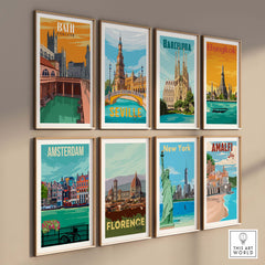 Collage of vintage travel posters including Bath, Barcelona, Bangkok, and more for stylish wall art.