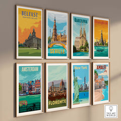 Vintage travel posters featuring Belfast, Barcelona, Bangkok, Seville, Amsterdam, Florence, New York, and Amalfi.