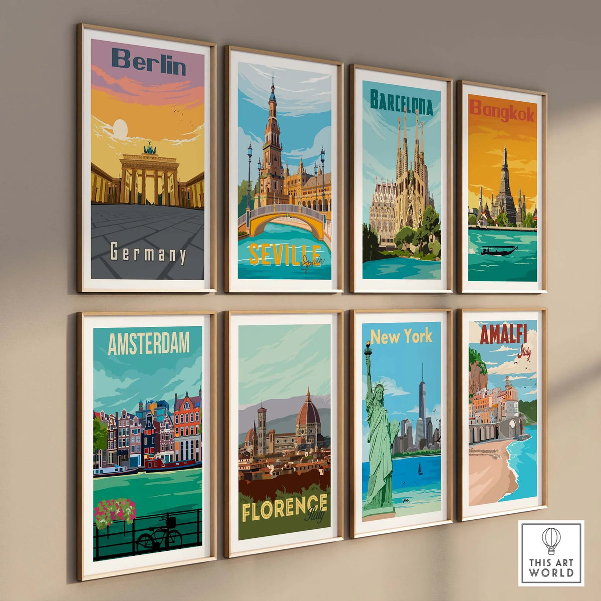 Collection of vintage travel posters featuring Berlin, Barcelona, Bangkok, Seville, Amsterdam, Florence, New York, and Amalfi.