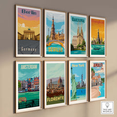 Collection of vintage travel posters featuring Berlin, Barcelona, Bangkok, Seville, Amsterdam, Florence, New York, and Amalfi.