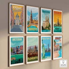 Gallery of vintage travel poster prints featuring Bordeaux, Barcelona, Bangkok, Seville, Amsterdam, Florence, New York, and Amalfi.